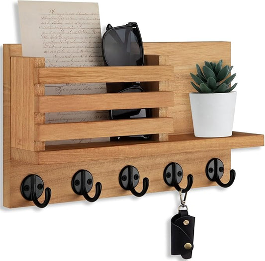 Key Holder for Wall – Decorative Wooden Mail Holder and Key Shelf with Mounting Hardware, Installation Guide – Paulownia Wood with 5 Metal Key Hooks (11.8” x 6.7” x 2.8”) (Light Brown)