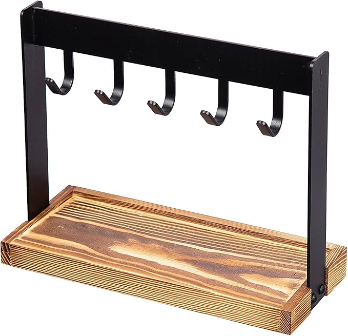 Metal 5-Hook Table Key Holder Torched Wood Base Rustic Industrial Tabletop Countertop Organizer Matte Rack Hanging Hooks Burnt Wooden Bottom Slot Rings Coins Accessories Jewelry Daily Supplies