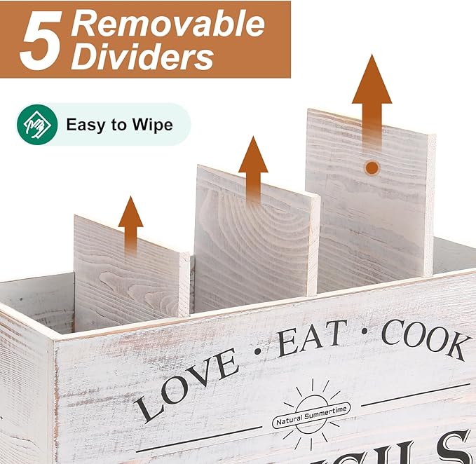 2 PC Wooden Utensil Holder,（With 4-Compartments size*1 + 3-Compartments size*1） Extra Large Kitchen Counter,Cooking Spatula Organizer,Farmhouse Decor, Rustic Cooking Utensil