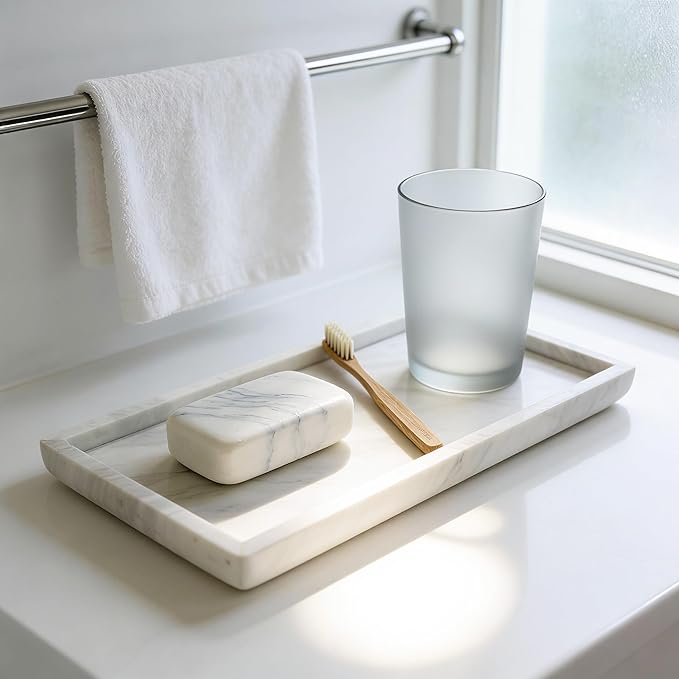 Natural Marble Vanity Bathroom Tray, 12 x 6 Inch Elegant Home Decor Tray for Kitchen,Bathroom,Dresser, Coffee Table,Sink Storage Holder Organizer, Jazz White (NS051)