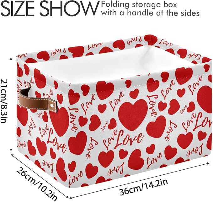 Large Foldable Storage Basket,Valentines Hearts and Love Storage Bin Fabric Collapsible Organizer Bag with Handles 15x11x9.5 inch