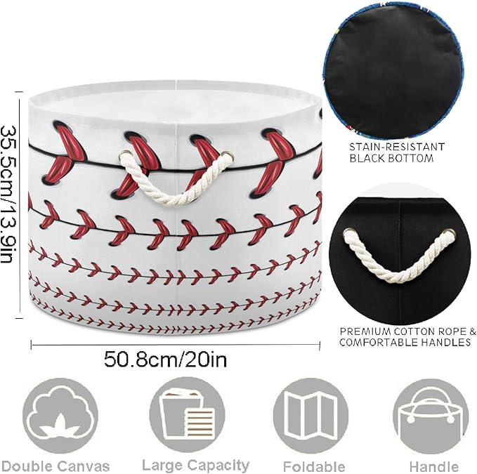 visesunny Storage Basket Softball Baseball Red Lace Over White Pattern Nursery Hamper Canvas Fabric Toy Storage Organizer Bin Storage Box Laundry Basket for Kid Rooms,Playroom