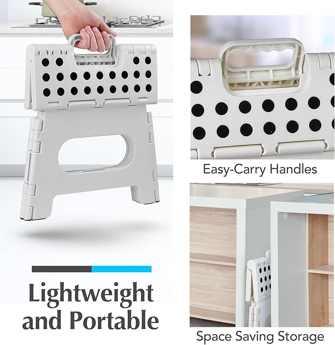 Handy Laundry Folding Lightweight Step Stool - Sturdy Enough to Support Adults and Safe Enough for Kids - Opens Easy with One Flip - Great for Kitchen, Bathroom or Bedroom (White - 8 Inch)