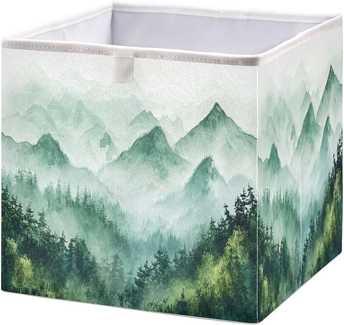 Blueangle Green Mountains Cube Storage Bin, 11 x 11 x 11 in, Large Collapsible Organizer Storage Basket for Home Décor
