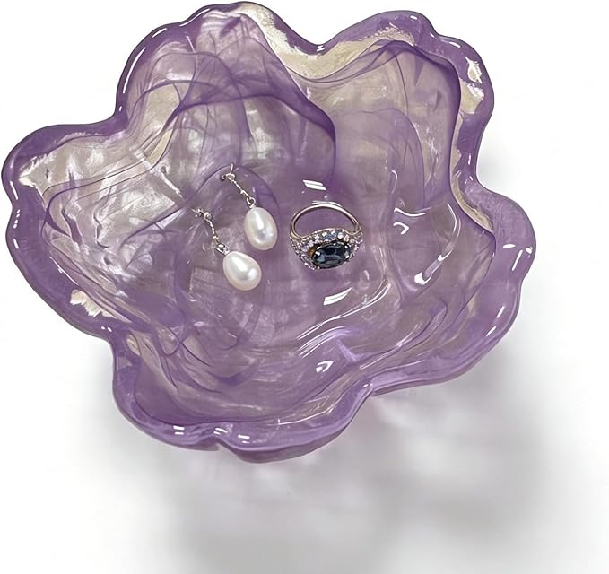 Flower Ring Dish Jewelry Tray, Glass Jewelry Dish Tray, Aesthetic Room Decor Small Trinket Dish, Nightstand Ring Holder Dish, Bathroom Jewelry Plate Bowl for Earrings (Watercolor Violet Purple)