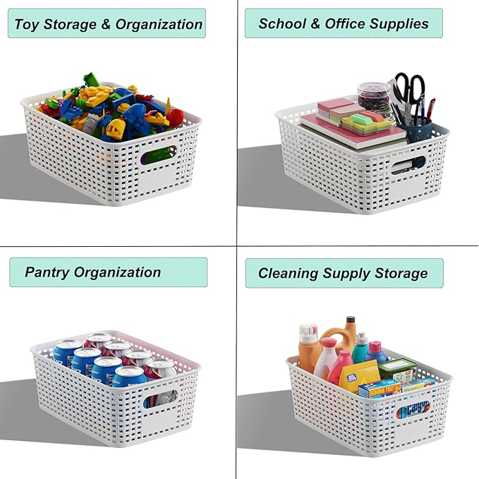 Plastic Storage Basket for Organizing 12 Pack Small Storage Bins Container for Shelves, White Shelf Baskets with Handles for Organization