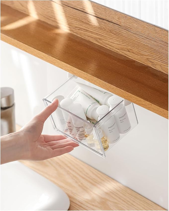 BALUCA Small Clear Stackable Storage Drawers – 33° Angled Acrylic Makeup Organizer for Vanity, Undersink & Kitchen Cabinets | Multi-Purpose Plastic Storage Bins & Drawer Organizer Bins (Large)