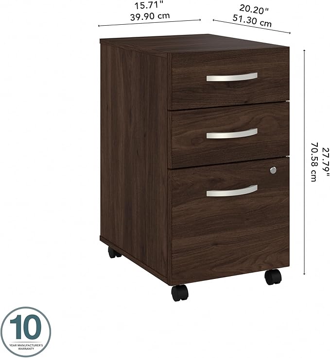 Bush Business Furniture 3 Drawer Mobile File Cabinet - Assembled, Rolling Document Storage for Home or Professional Office, Studio C Collection, Black Walnut