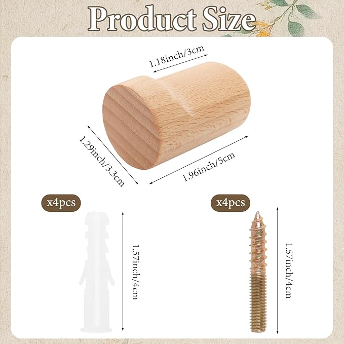 4Pcs Natural Wooden Wall Hooks Solid Wood Hangers Hooks Rustic Wooden Coat Hat Hooks for Entryway Bathroom Wall