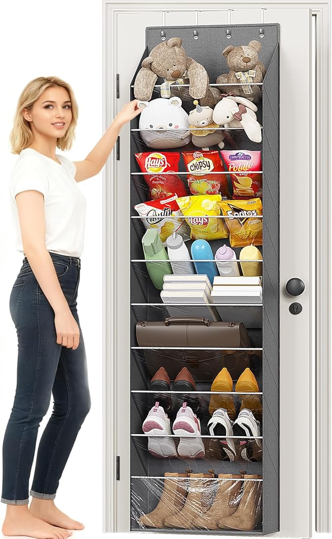 10-Tier Over The Door Organizer, Space Saving Hanging Shoes Organizer and Storage Unit, Organizer for Closet, Bedroom, Entryway, Grey