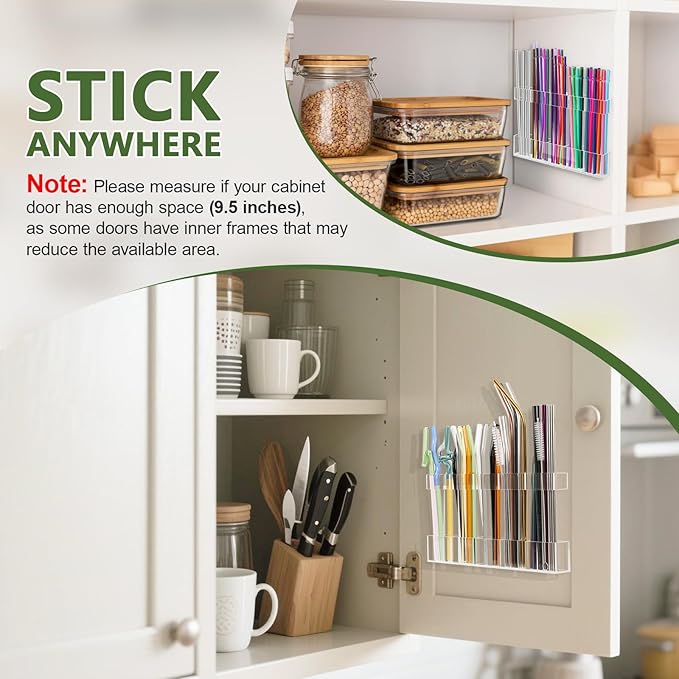 9.5â Large Acrylic Straw Holder for Cabinet Door - Reusable Tumbler Straw Organizer Storage, Small Kitchen Accessories Container, Ultra Sticky Cupboard Door Mounted (Transparent)