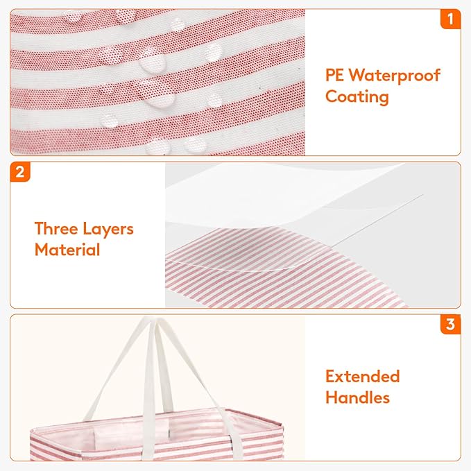 Lifewit Extra Large Tote Bag, Reusable Grocery Bags with Metal Wire Frame and Handles, Standing Utility Foldable Shopping Bags for Storage, Picnics, Beach, Laundry, Car, 46L, 2 Pack, Gray and Pink
