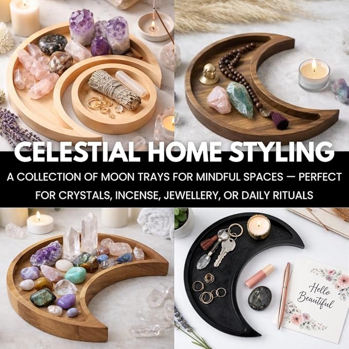 Black Moon Crystal Display Tray - Gothic Wooden Altar Tray 10.5" x 5" for Crystals and Stones Storage - Solid Wood Jewelry Organizer Dish - Spiritual Decor