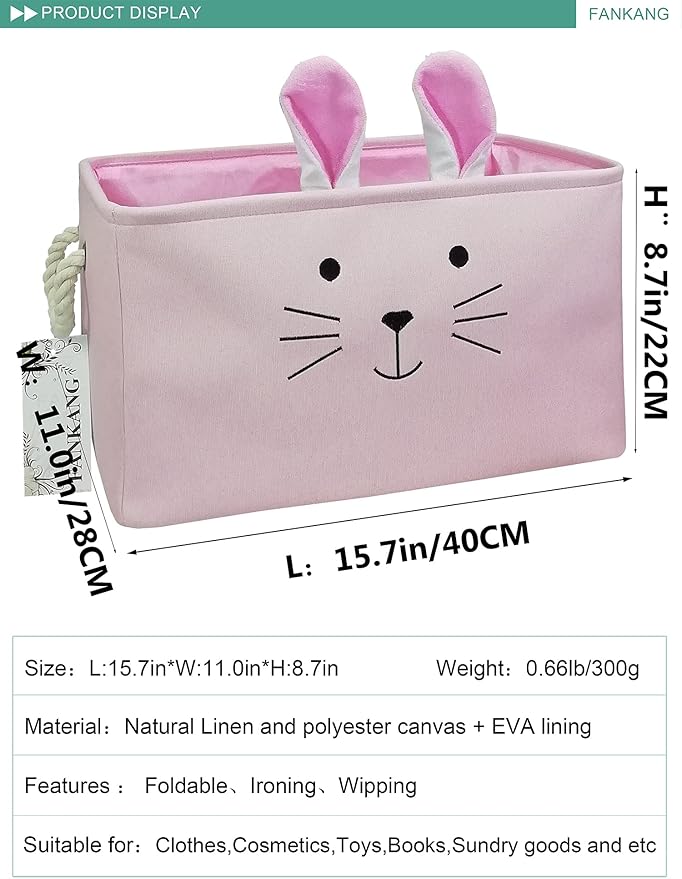 FANKANG Rectangular Fabric Storage Bin Box Laundry Basket with Dinosaur Prints for Nursery Storage, Storage Hamper, Gift Baskets (Pink Rabbit)