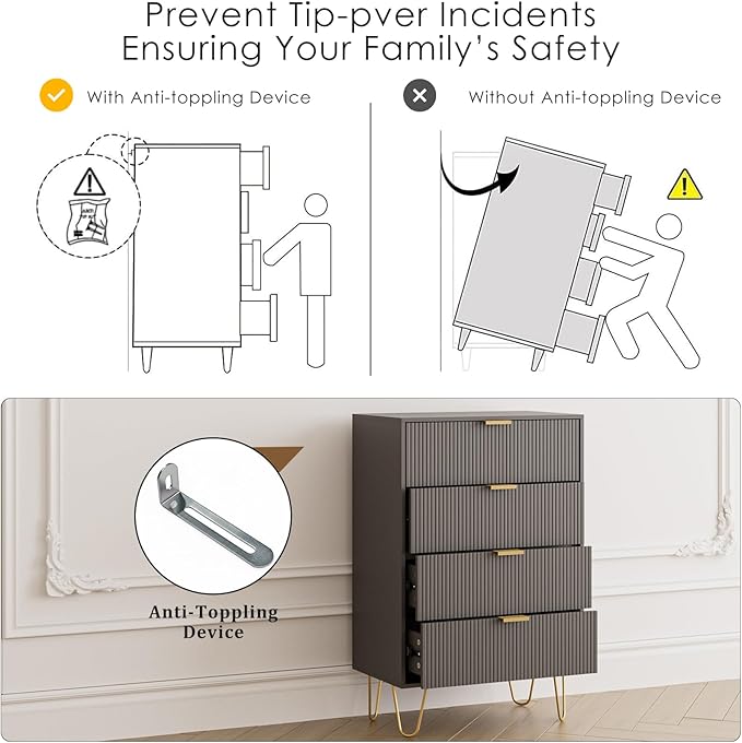 Masupu 4 Drawer Dresser, Drawer Chest, Tall Storage Dresser Chest Cabinet Organizer Unit with Gold Metal Legs, Nightstand for Bedroom, Living Room, Closet, Hallway Gray Stripe