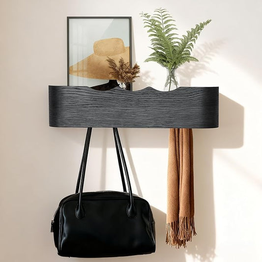 Wall Coat Rack Floating Shelves Modern Coat Rack Wall Mount with Storage Entryway Shelf Wooden Hanger 20 Inch 4 Hidden Metal Hooks for Living Room Bedroom (Wavy Black, 4 Hooks)