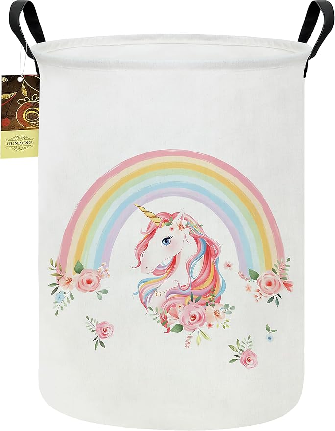 HUNRUNG Laundry Hamper,Large Canvas Fabric Lightweight Storage Basket Toy Organizer Dirty Clothes Collapsible Waterproof for College Dormsï¼Round-Rainbow Unicornï¼