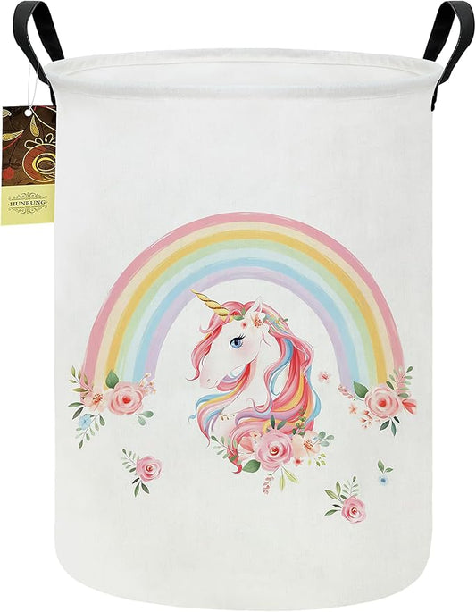 HUNRUNG Laundry Hamper,Large Canvas Fabric Lightweight Storage Basket Toy Organizer Dirty Clothes Collapsible Waterproof for College Dormsï¼Round-Rainbow Unicornï¼