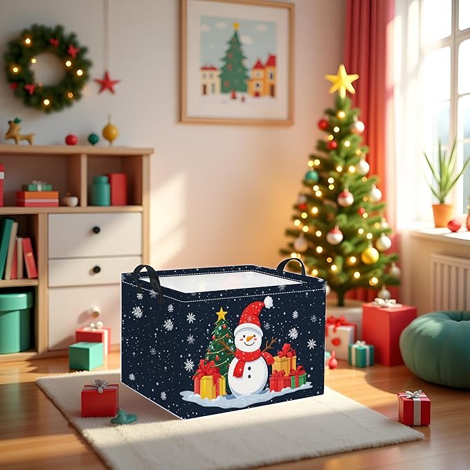 Rectangular Christmas Basket Trick or Treat Spooky Boo Basket with Handles for Women Girls Cute Storage Bin Organizer(Snowman)