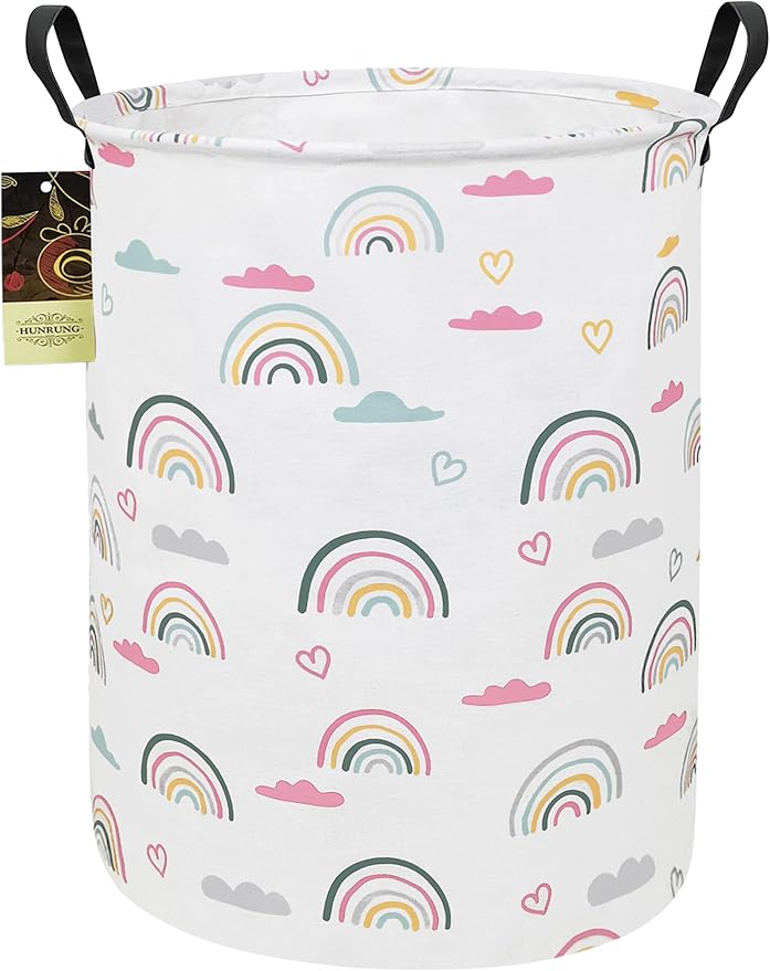 HUNRUNG Laundry Hamper,Large Canvas Fabric Lightweight Storage Basket Toy Organizer Dirty Clothes Collapsible Waterproof for College Dormsï¼Round-Rainbowï¼