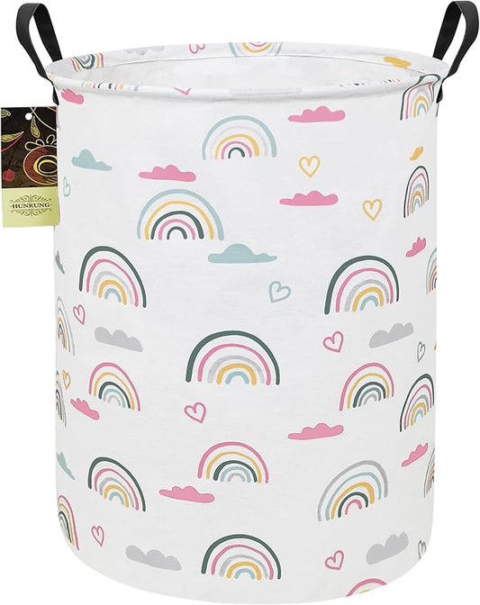 HUNRUNG Laundry Hamper,Large Canvas Fabric Lightweight Storage Basket Toy Organizer Dirty Clothes Collapsible Waterproof for College Dormsï¼Round-Rainbowï¼