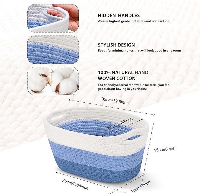 Sawysine 6 Pcs Storage Baskets Bulk for Organizing Cotton Rope Woven Basket with Handles for Gift Cloth Shelves Blanket Toys Living Room Bathroom (Blue and White)