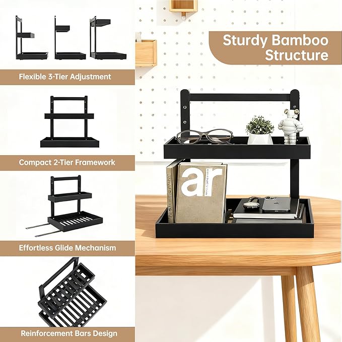 2-Tier Under Sink Pull Out Organizer, Bamboo Cabinet Storage Shelf with Adjustable Height, 9 Inch White Slide Out for Kitchen Bathroom Pantry Black