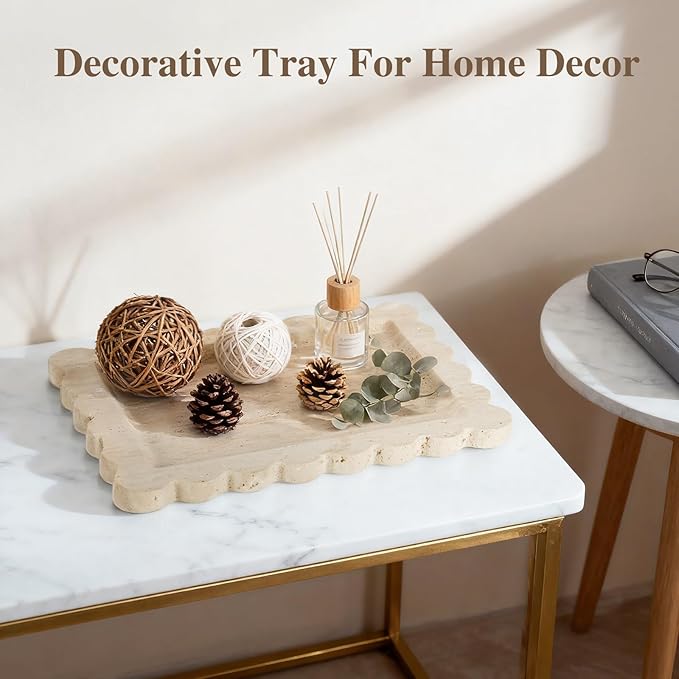 Luxury Beige Travertine Tray with Scalloped Edge, 11"x8" Rectangle Vanity Tray for Bathroom & Kitchen Counter, Decorative Organizer Tray for Dresser, Coffee Table, Home DÃ©cor