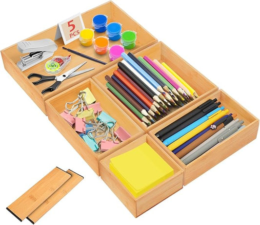 5PCS Bamboo Drawer Organizer with Adjustable Wood 2 Drawer Dividers, Stackable Makeup Desk Junk Storage Boxes Container Trays with 7 Grid for Kitchen Utensils,Bathroom, Office