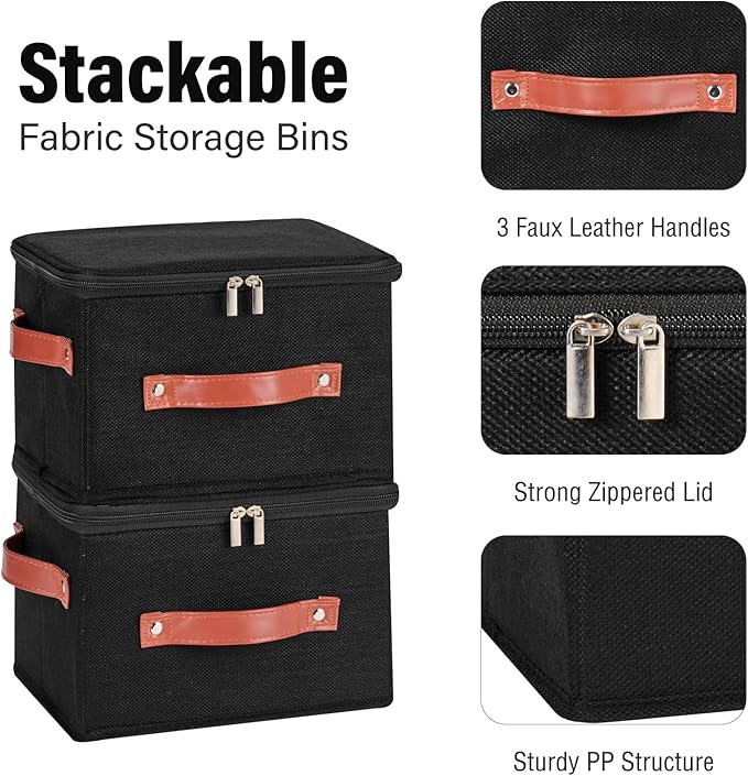3PCS Storage Bins Boxes with Zippered Lids Cotton Linen Fabric Decorative Basket PU Leather Handles PP Plastic Board Foldable Lidded Clothing Shelf Closet Organizer Container (Black, Small)