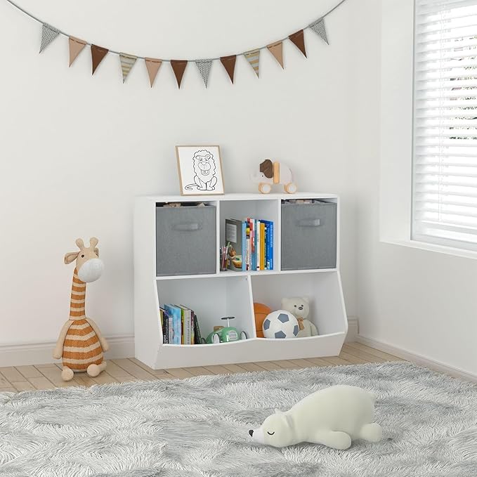 Kids Bookshelf, 5-Cubby Wood Toy Storage Cabinet with Two Drawers, Toy Storage Cubby, Toy Storage Organizer for Children's Room, Playroom, Hallway, Kindergarten, School, Grey