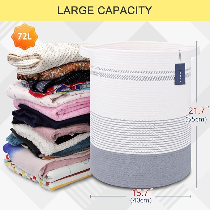 COMSE Extra Large Blanket Basket, Tall Laundry Basket, Nursery Hamper, 15.7âx 21.7â, Cotton Rope Woven Laundry Hamper for Storage Toys Clothes Towels, Light Gray & White