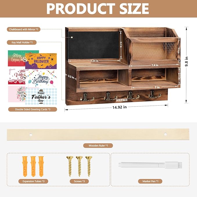Key Holder Wall Mount, Wooden Mail and Key Organizer with Chalkboard and Mirror, 3 Greeting Cards, 8 Hooks, Brown, Type 1