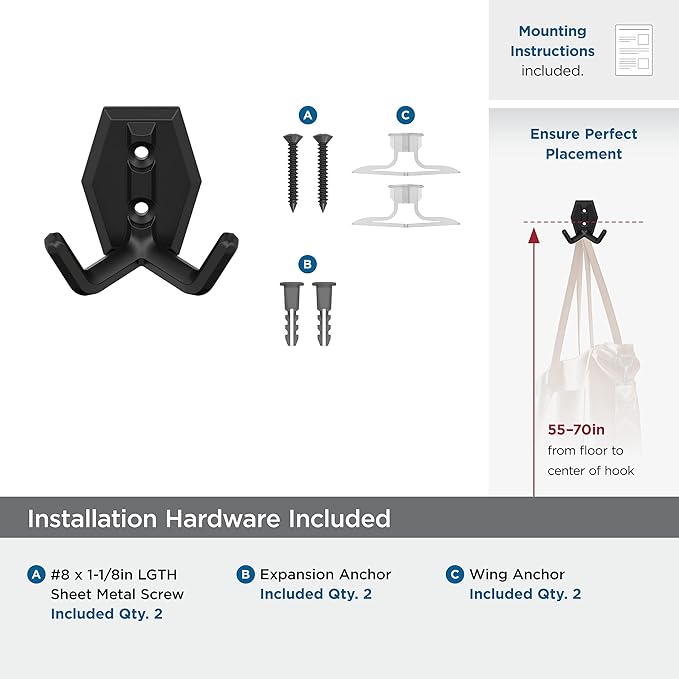 Amerock H37008MB | Benton Double Prong Decorative Wall Hook | Matte Black Hook for Coats, Hats, Backpacks, Bags | Hooks for Bathroom, Bedroom, Closet, Entryway, Laundry Room, Office