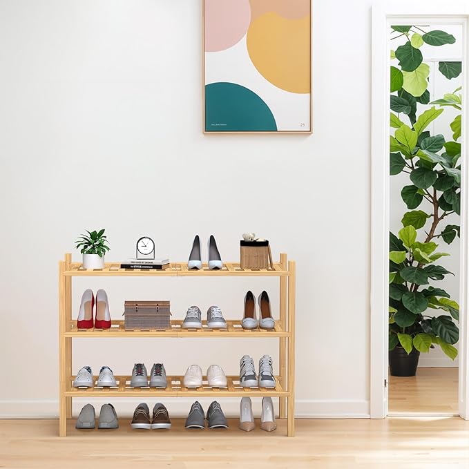 Haddockway Large 3 Tier Bamboo Shoe Rack Storage Organizer, Multifunctional Free Standing Stackable Shoe Shelf with Grid Panel for Closet,Hallway,Entryway,Small Space 27"x12"x21"