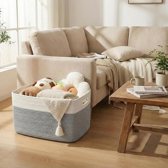 Woven Blanket Basket,96L Large Storage Bin for Blankets Toys Clothes,Decorative Rope Basket for Living Room Bedroom with Handles, White&Grey