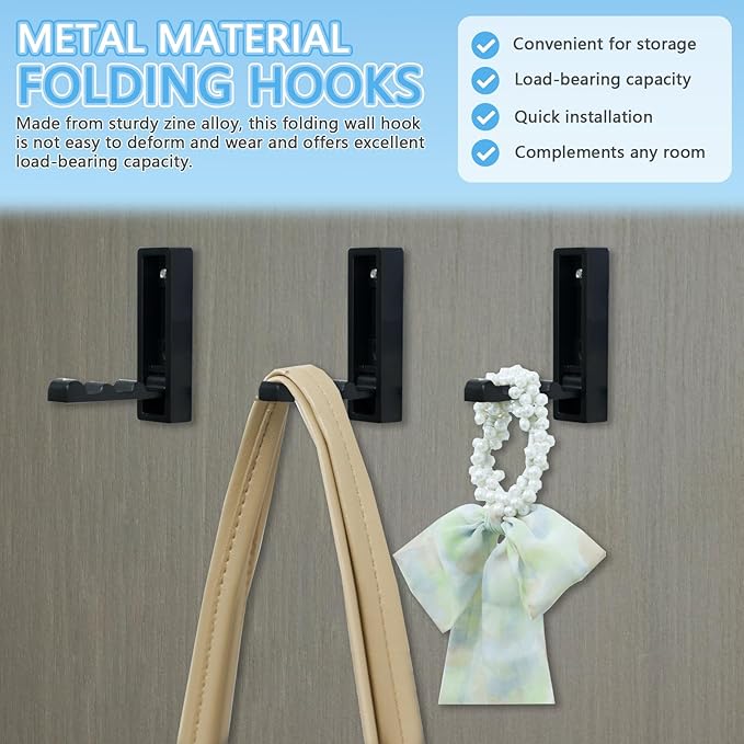 4PCS Magnetic Folding Wall Hooks, Heavy Duty 30LB Zinc Alloy Foldable Coat Hooks for Hanging Towels, Coats, Bags, Keys - Space Saving Black Wall Mounted Hooks for Bathroom, Kitchen, Entryway, Closet