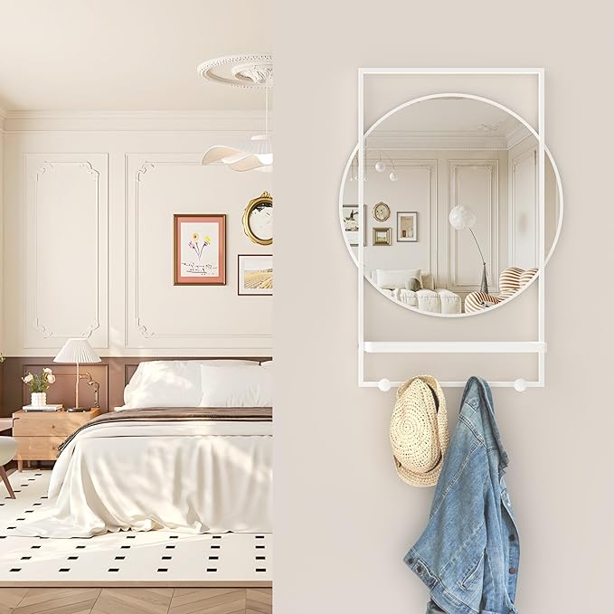 WONSTART 28" x 20" Entryway Mirror with Hooks, Bathroom Mirror with Shelf, Rectangular Frame Round Wall Mirror with Shelf and Hooks, Vanity Mirror Decorative for Wall(White)
