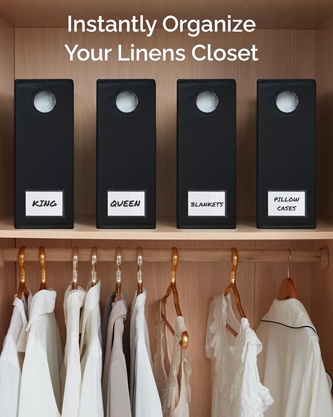 4 Pack Sheet Organizers - Foldable Storage Sheets Set Organizer for Linen Closet - King & Queen Size - Folder Keeper with Window XL - Blanket, Duvet & Pillowcases Dustproof Bedding Container - Black