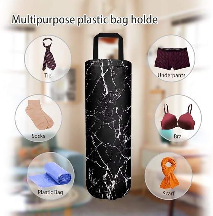 Plastic Bag Holder Set of 2 Hanging Grocery Bag Holder Reusable Plastic Bag Dispenser Trash Bag Organizer Container,Black Marble