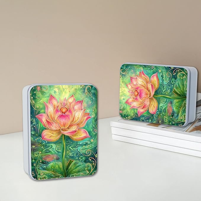 Metal Tin Box with Lid,Multi-functional Storage Box Can Store Tea Biscuits Game Cards, Playing & Tarot Cards-Comes with 4 Magnetic Cord Clips,Lotus Flower Art