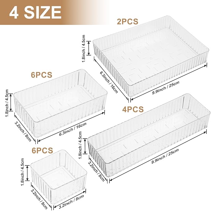 MAQUITA 18 PCS Clear Plastic Drawer Organizer Set 4 Large Size Versatile Kitchen and Bathroom Organizer Trays, Non-Slip Storage Bins for Makeup, Utensils, Tool and Office Desk