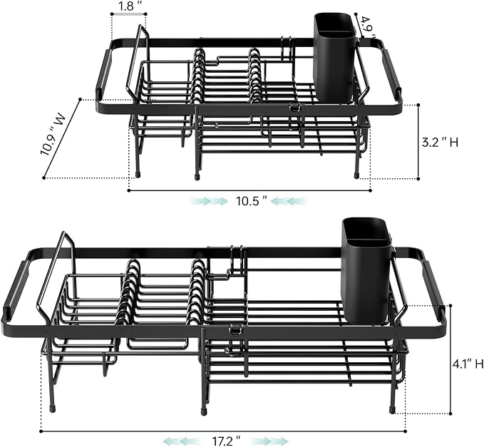 Dish Drying Rack in Sink - Expandable (14.5''-18''L) Over The Sink Dish Rack with Utensil Holder, Space-Saving Dish Drainer for Kitchen Counter, 1 Piece, Matte Black