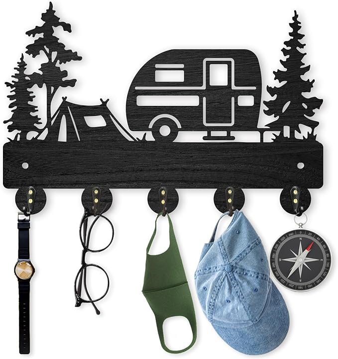 MAYJOYDIY Camping Wall Mount Coat Rack 11.8×8inch Wooden Camping Car Key Holder for Wall Outdoor Key Rack Hanger Forest Tree Key Hook 5 Alloy Hooks for Camping Decor Accessories Travel Trailers Gift