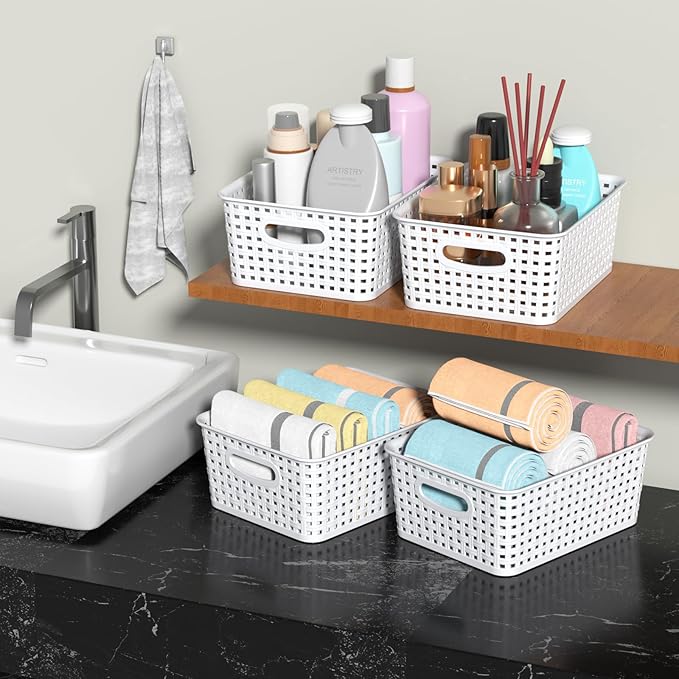 6-Pack Woven Plastic Storage Baskets, White Pantry Plastic Baskets