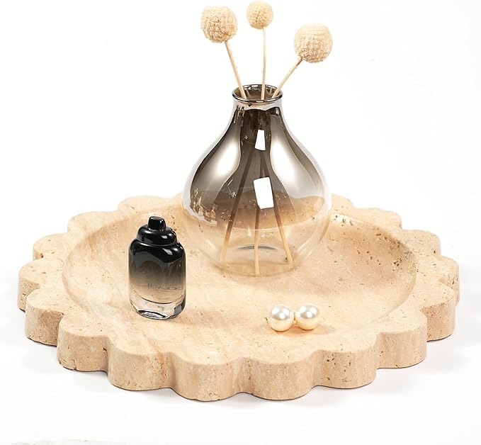 Travertine Scalloped Marble Tray - 9.9 Inch Round Stone Decorative Perfume Trinket Jewelry Dish, Catchall Organizer for Bathroom Vanity Dresser Kitchen Countertop Home Decor