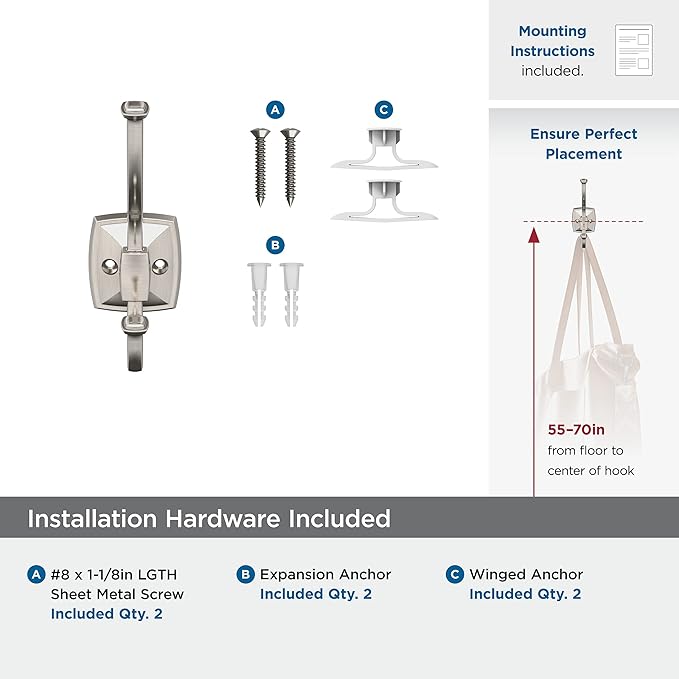 Amerock H37002G10 | Kinsale Double Prong Decorative Wall Hook | Satin Nickel Hook for Coats, Hats, Backpacks, Bags | Hooks for Bathroom, Bedroom, Closet, Entryway, Laundry Room, Office
