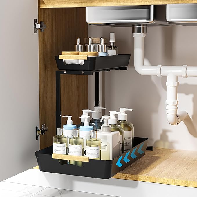 Under Sink Organizers and Storage, 2 Tier Pull Out Bathroom Cabinet Organizer with Sliding Drawer, Height Adjustable Under Sink Storage for Kitchen Bathroom Cabinet Black