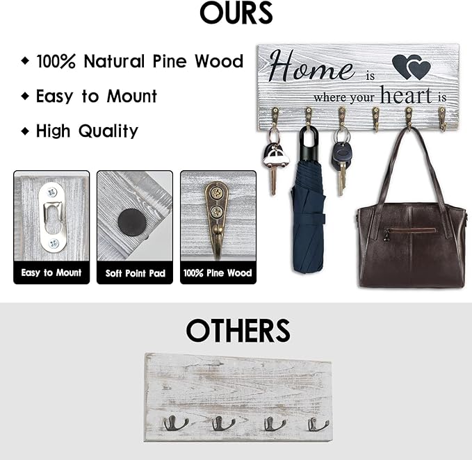 AHYS Key Holder Wall Mount Rustic Wooden Key Hanger with 6 Hooks for Farmhouse Home Entryway Living Room Decor - Light Grey