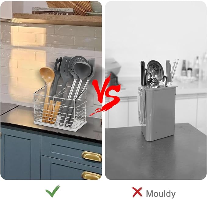 Utensil Holder for Kitchen Counter, Metal Utensil Holder Rack for Kitchen Countertop, Cooking Tools Storage for Spatula, Utensil Organizer with Marble Base, and Drainage Hole (Chrome Marble)